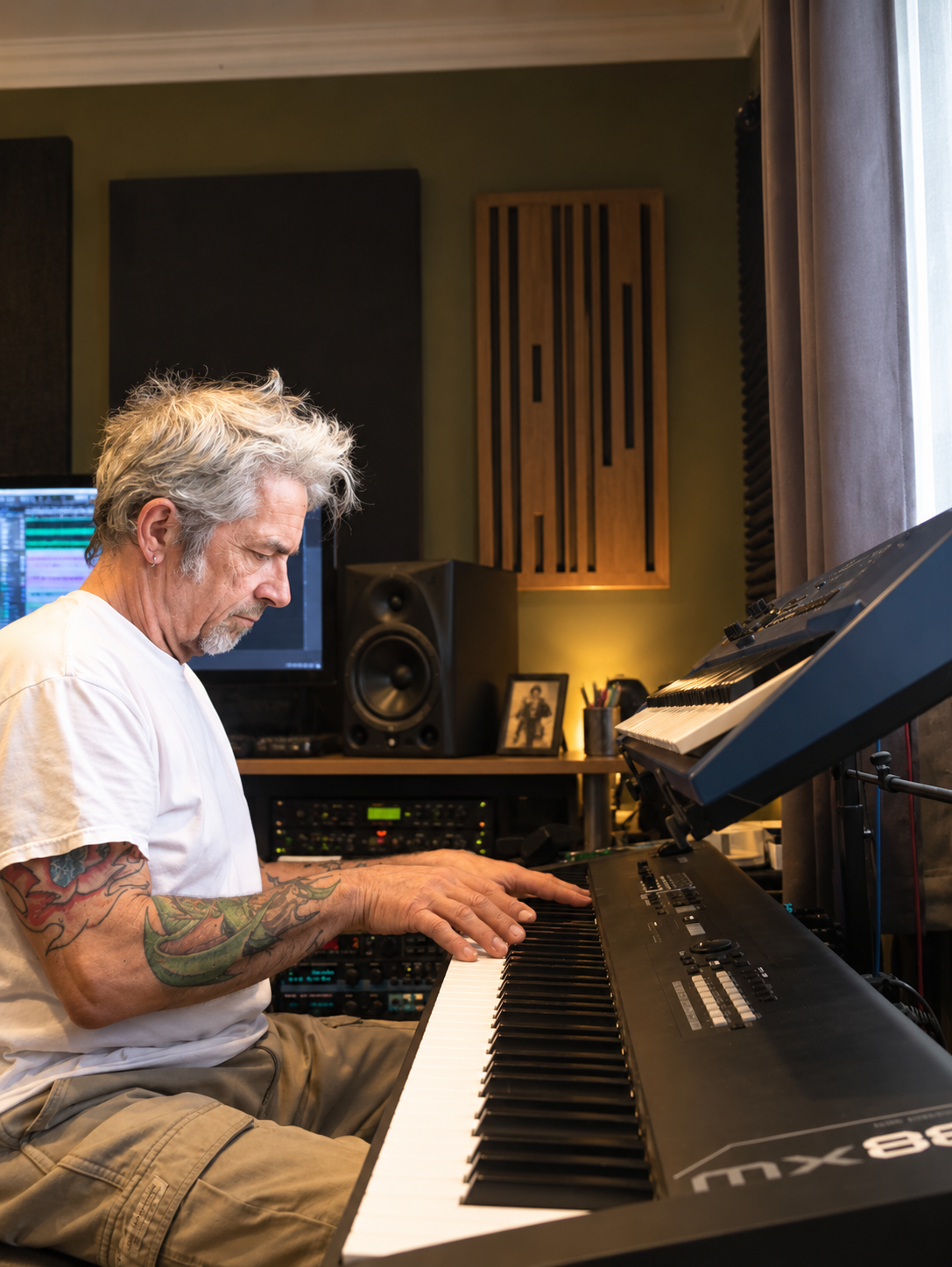 Yves Stilmant composing at a keyboard in his recording studio
